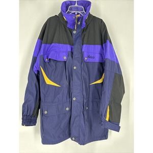 Vintage 90s Nordica Classics Ski Jacket Size L‎ Purple Black Yellow Hidden Hood